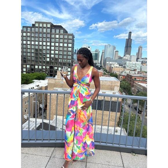 LIV FOSTER Tie Dye Multicolor Floral Abstract Side Cutout A-Line Gown Size 10 - Picture 1 of 16